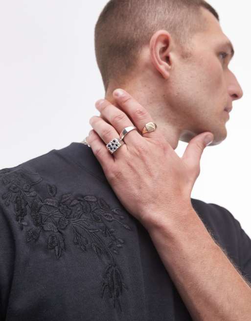 Topman - Oversized T-shirt i forvasket sort med blomsterbroderinger