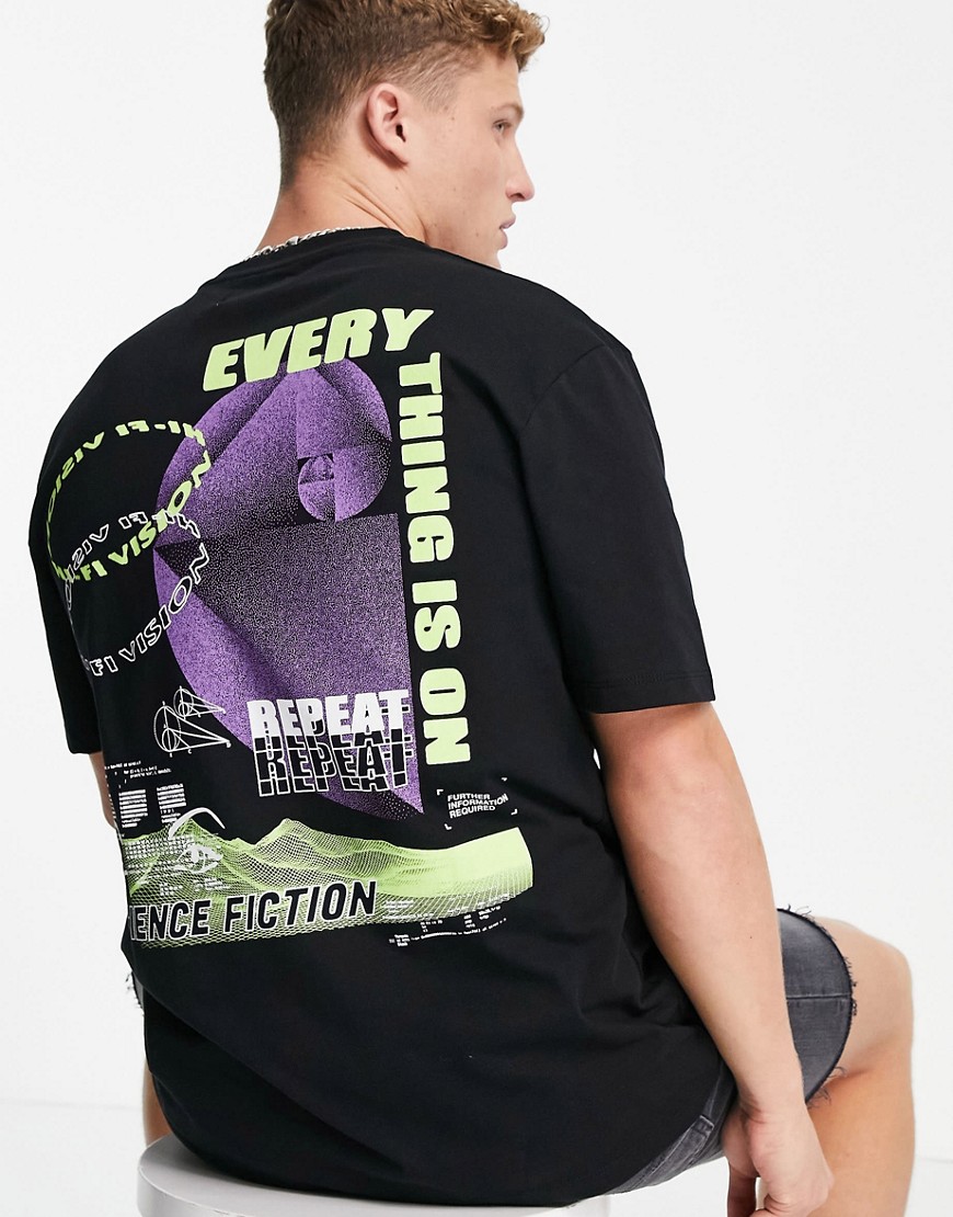 Topman - Oversized T-shirt med gentaget print foran og bagpå i sort