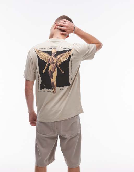 Topman - Oversized T-shirt med Nirvana-engleprint foran og bagpå i forvasket beige