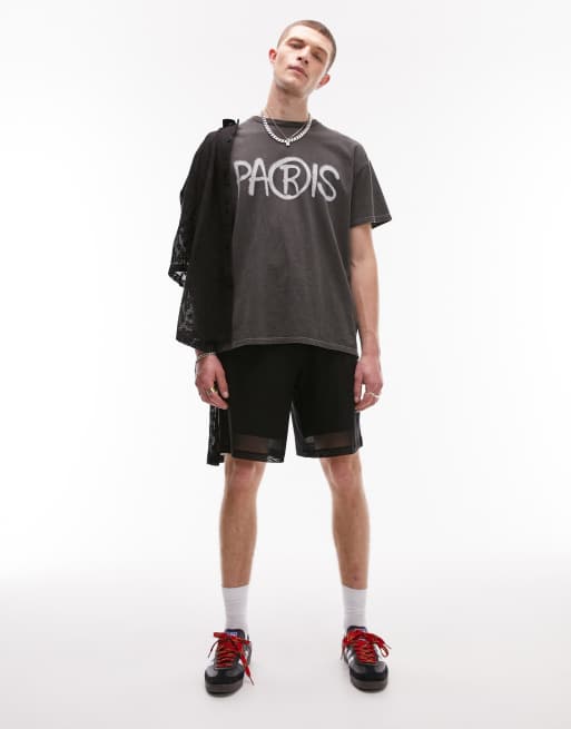 Topman - Oversized T-shirt med 'Paris'-graffitiprint i forvasket sort
