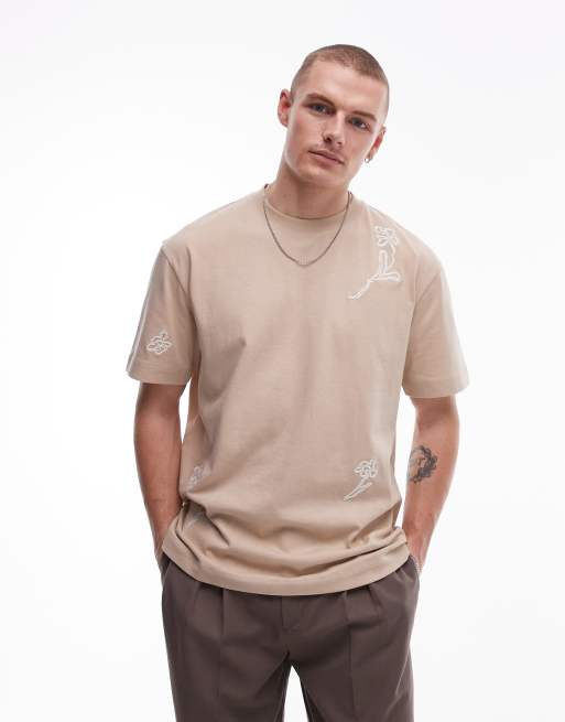 Topman - Oversized T-shirt met geborduurde bloemen op de voor- en achterkant in stone