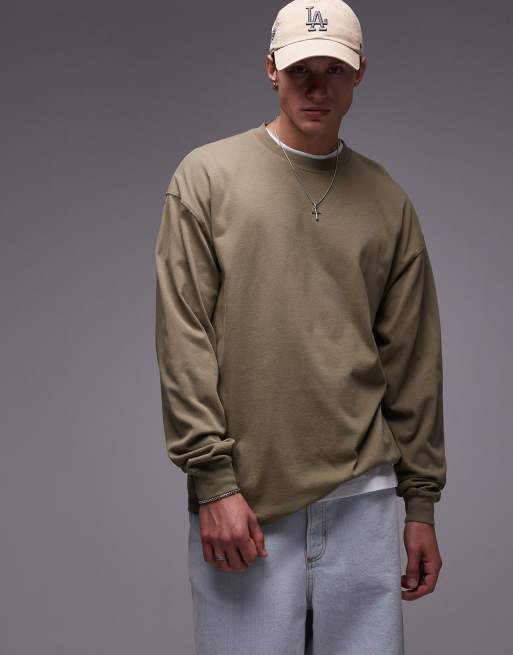 Topman - Oversized T-shirt met lange mouwen in kaki met wassing
