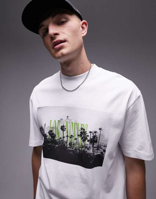 Topman - Oversized T-shirt met Los Angeles print op de voorkant en verticale 'Los Angeles'-print op de achterkant in wit