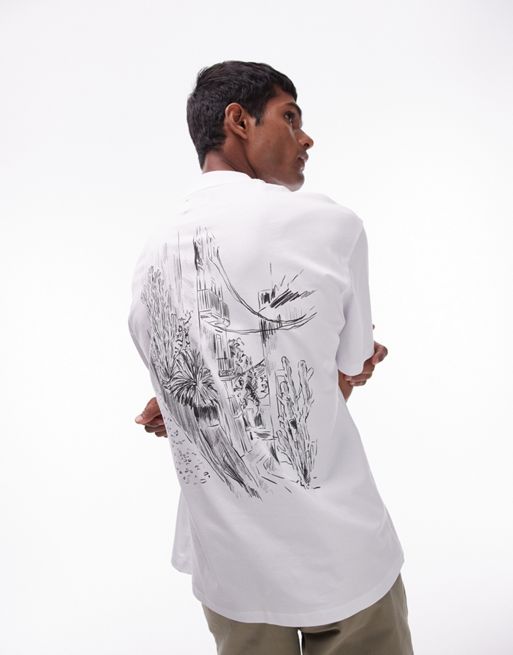 Topman - Originalsized T-shirt met mediterrane straatprint op de voor- en achterkant in wit