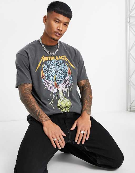 Topman - Oversized T-shirt met Metallica tourprint op de voor- en achterkant in zwarte wassing