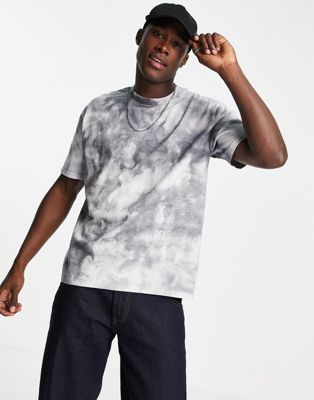 Topman – Oversized-T-Shirt mit Batikmuster in Grau
