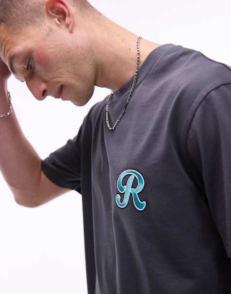 Topman - Oversized T-shirt van dikke stof met geborduurde chenille-letters in antracietgrijs - view 1