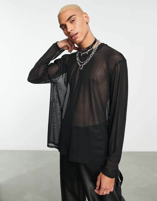 Topman - Oversized T-shirt van mesh met lange mouwen in zwart