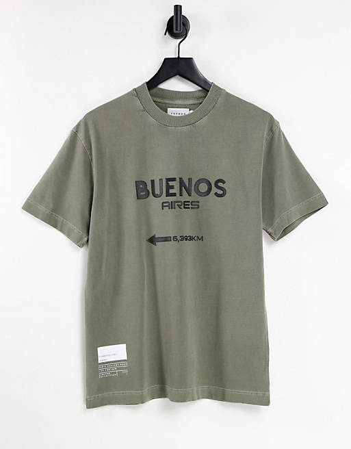 Men Topman oversized t-shirt with beunos print in khaki 