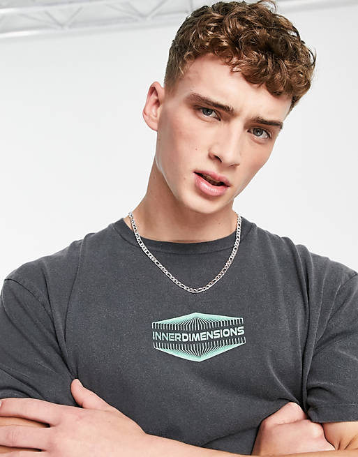 T-Shirts & Vests Topman oversized t-shirt with front and back dimensions print in washed black 