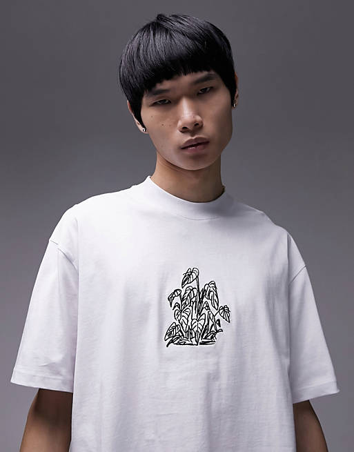 Topman oversized T-shirt with front and back leaf print in white | ASOS
