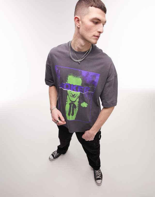 Topman oversized T-shirt with Joker box print in gray