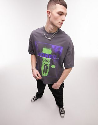 Topman oversized t-shirt with Joker box print in grey