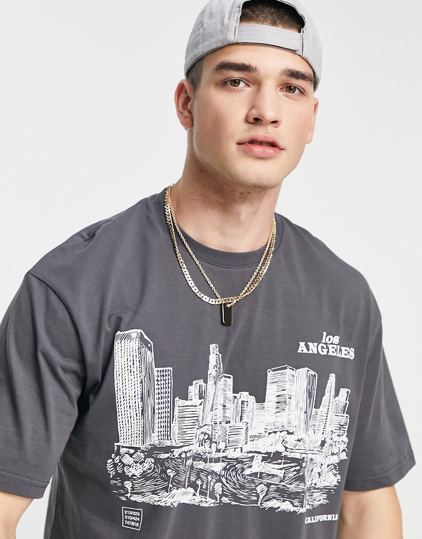 Topman oversized t-shirt with LA sketch print in gray-Grey
