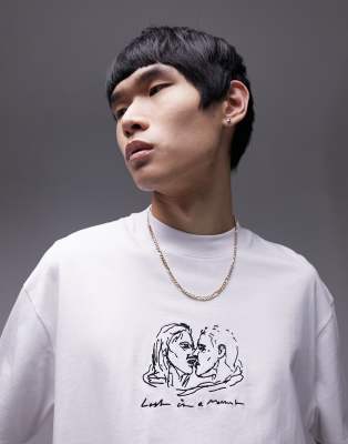 Topman oversized t-shirt with lost in love embroidery in white