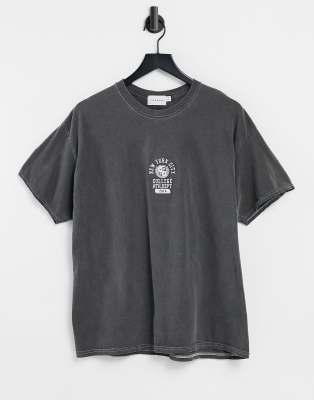 Topman Oversized T-shirt With Nyc Print In Washed Black In Black