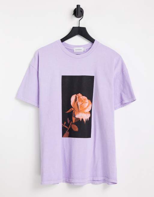 Topman oversized t-shirt with photographic rose print in lilac 
