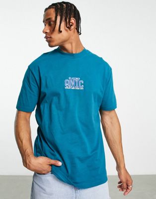 Topman oversized t-shirt with QNYC embroidery in teal - MGREEN - ASOS Price Checker