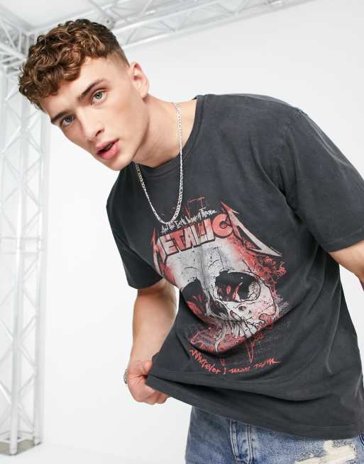 Topman oversized t-shirt with red Metallica skull print in washed black