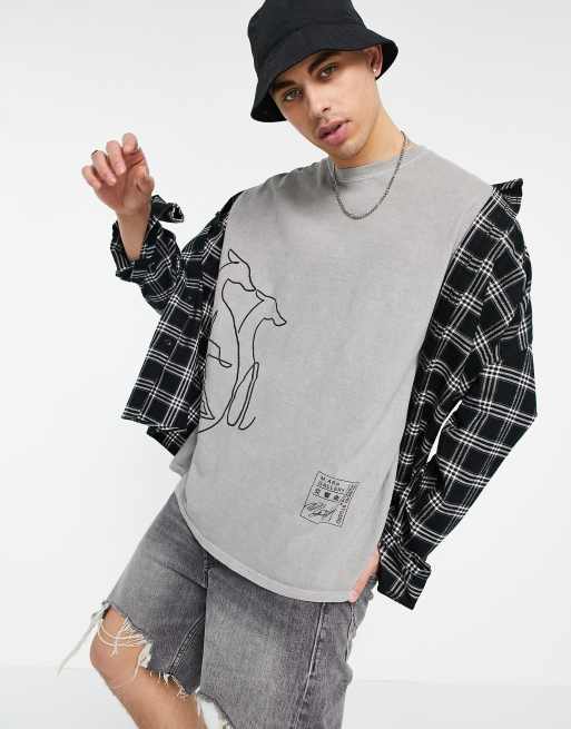 Topman oversized t-shirt with sketched dog print in grey