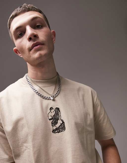 Topman oversized t-shirt with statue bust embroidery in stone | ASOS