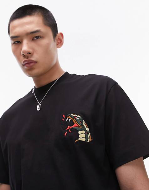 Topman oversized t-shirt with tattoo snake head embroidery in black