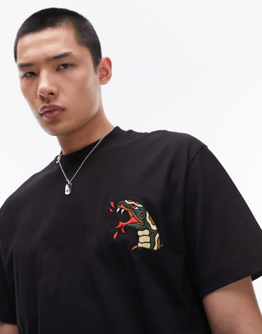 Topman oversized t-shirt with tattoo snake head embroidery in black
