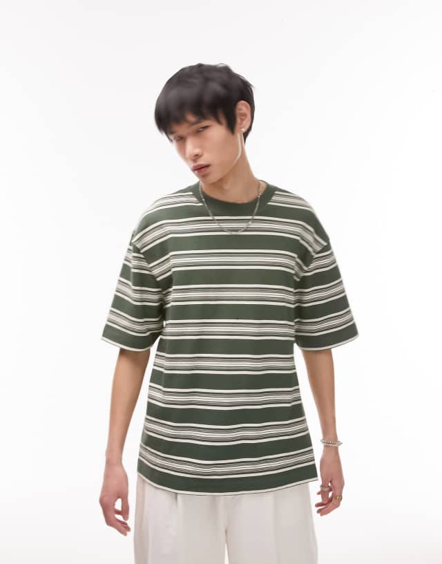 Topman oversized t-shirt with variegated stripe in green