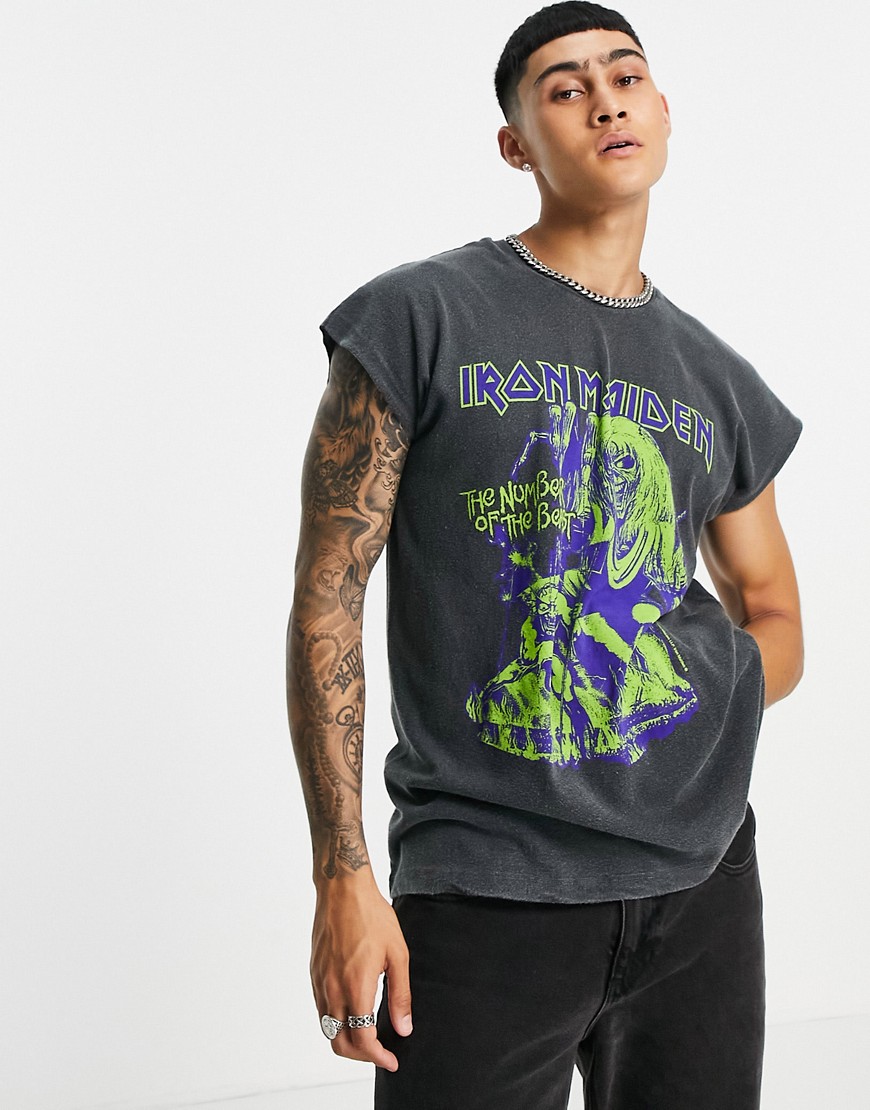 Topman oversized tank with Iron Maiden print in washed black
