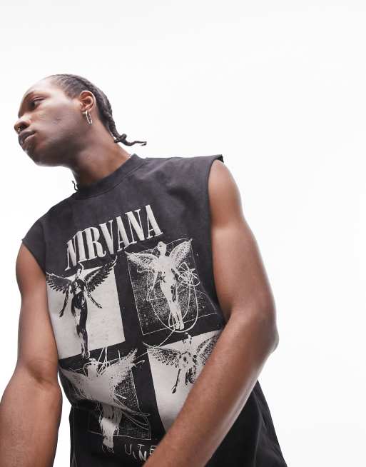 Topman - Oversized tanktop met afgeknipte mouwen en print van engel van Nirvana-album in zwart met wassing 