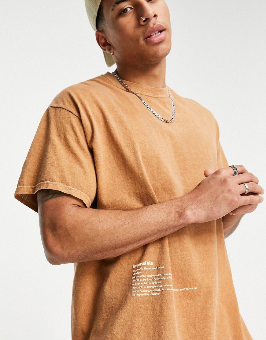 Topman oversized tee with 'Impossible' hem print in brown