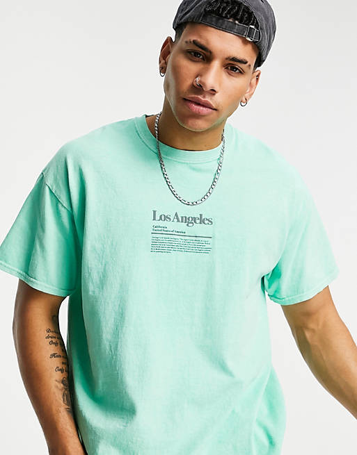Topman oversized tee with Los Angeles chest print in sage