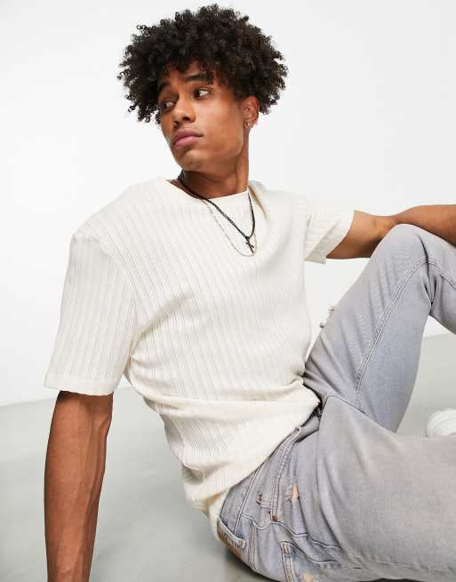 Topman oversized textured stripe t-shirt in ecru