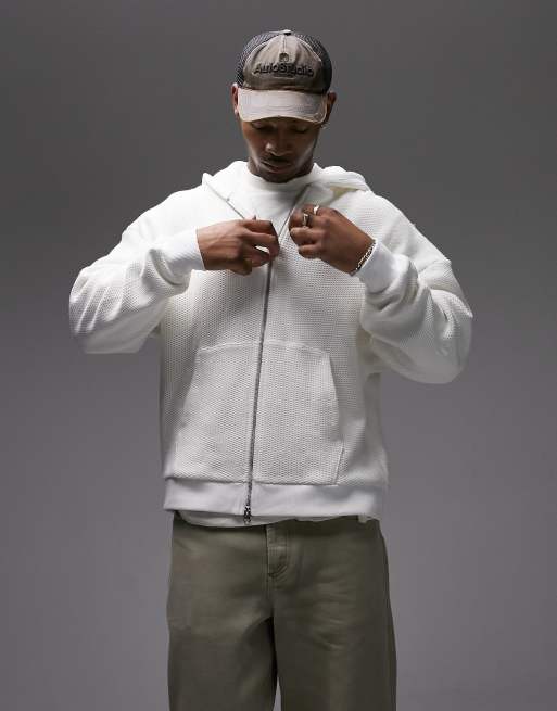 Topman oversized textured zip through hoodie in ecru