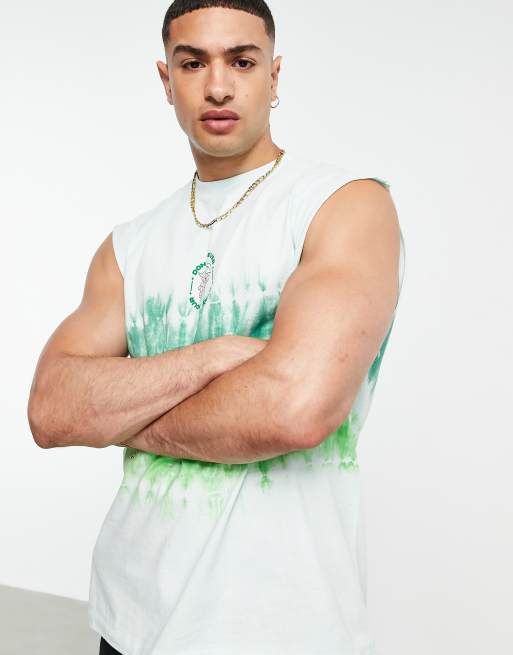Topman oversized tie dye tank with grape chest print in green