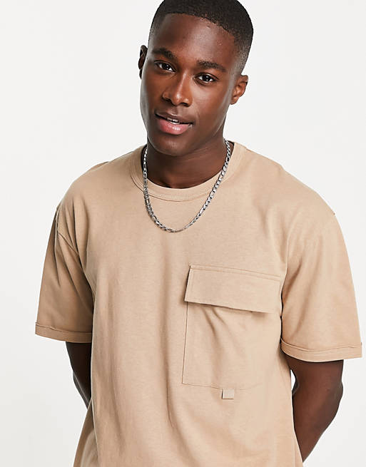 Topman oversized utility t-shirt with pocket in brown