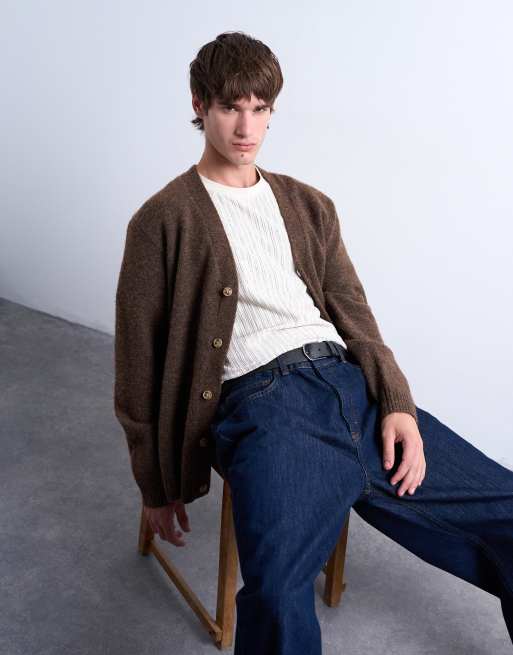 Topman oversized v neck cardigan in brown