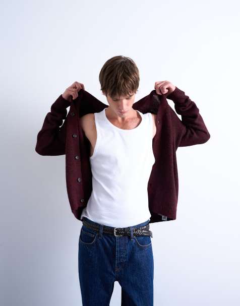 Topman oversized v neck cardigan in burgundy - view 1