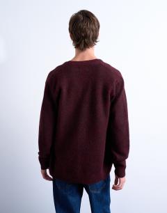 Model wearing Oversized v neck cardigan in burgundy