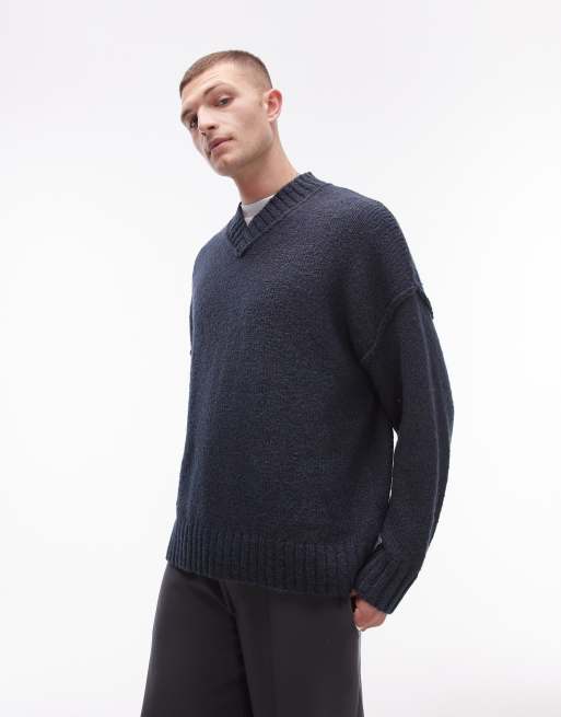 Topman oversized v neck jumper in blue with exposed seam ASOS