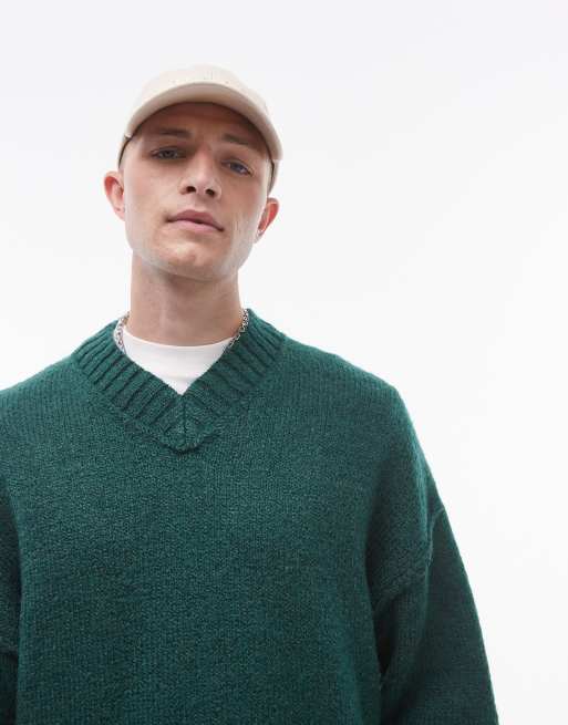 Topman oversized v neck jumper in green with exposed seam | ASOS