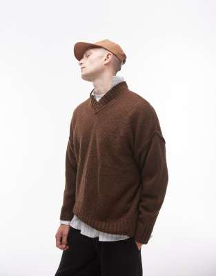 Topman Oversized V Neck Sweater In Brown With Exposed Seams