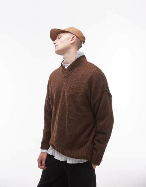 Topman oversized v neck sweater in brown with exposed seams | ASOS