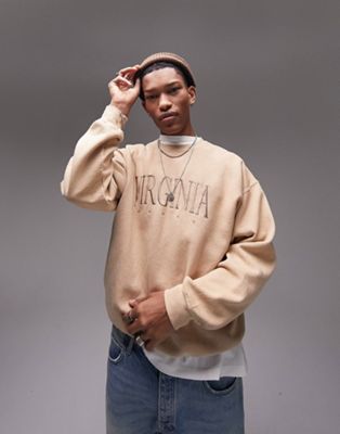 Topman oversized Virginia sweatshirt in washed stone - ASOS Price Checker