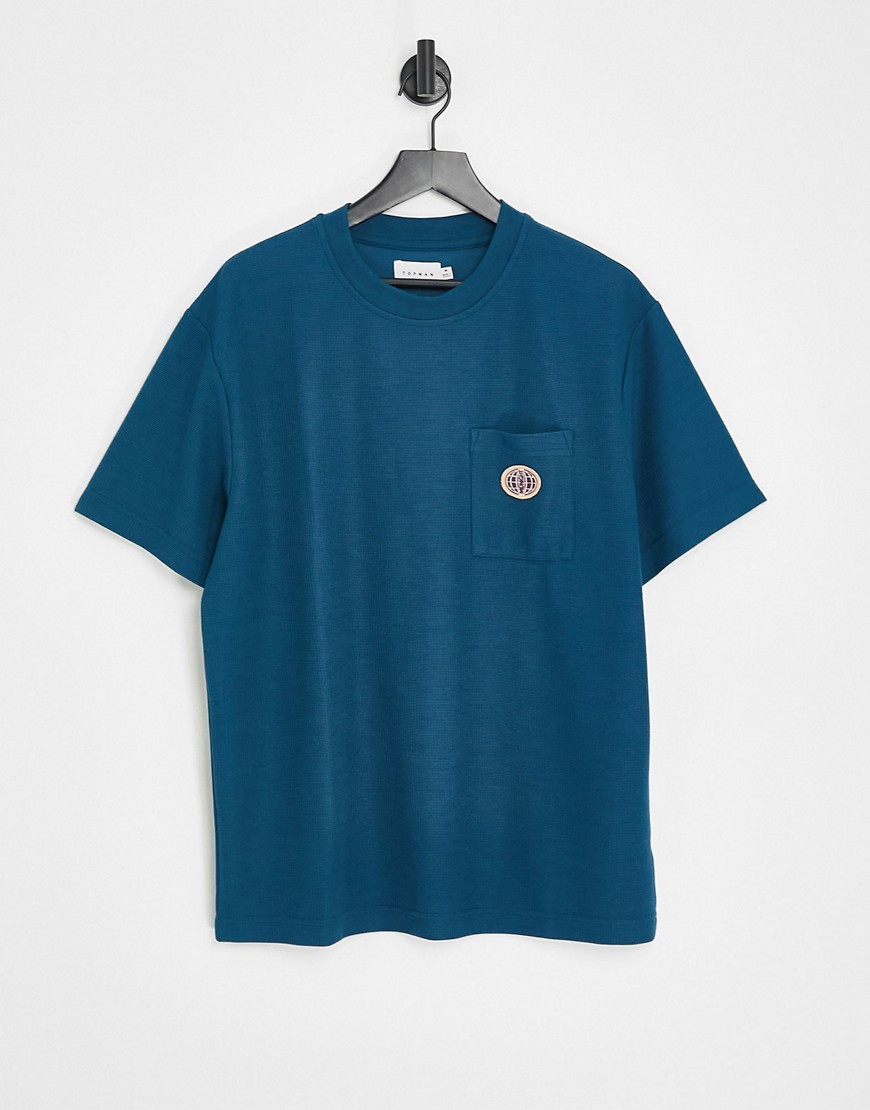 Topman oversized waffle t-shirt with pocket in Teal-Blue