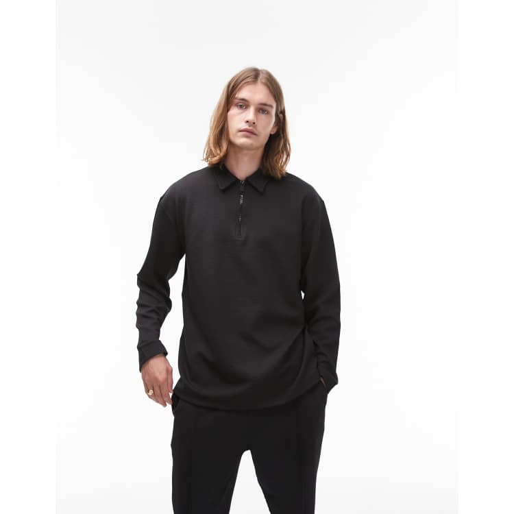 Topman oversized waffle zip polo in black | ASOS