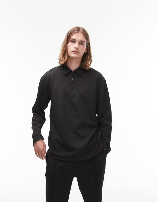Topman oversized waffle zip polo in black