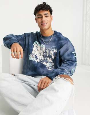 Topman oversized washed sweatshirt with utopia 94 print in blue