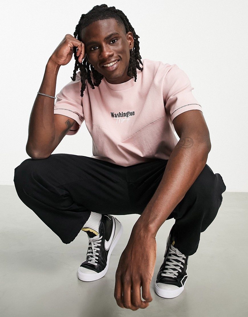 Topman oversized washed t-shirt with rib panel in pink-Green