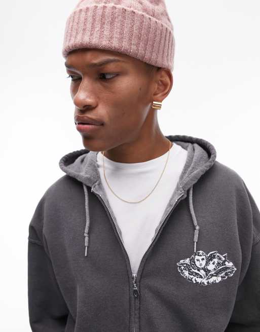 Topman oversized zip hoodie with cupids print in washed black